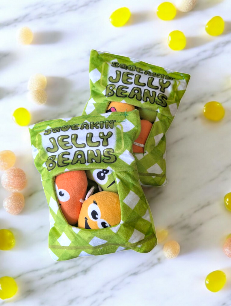 Jelly Beans Interactive Dog Toy, plush dog toy, fun dog toy, toy set, interactive do toy, jelly bean shaped dog toy, great for medium to large dogs, crinkle paper, squeaky and playful design available in whitley bay