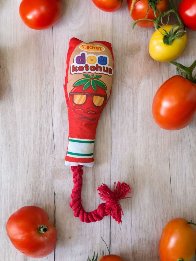 Dog ketchup sauce tug toy, built-in squeaker for extra entertainment, available in whitley bay