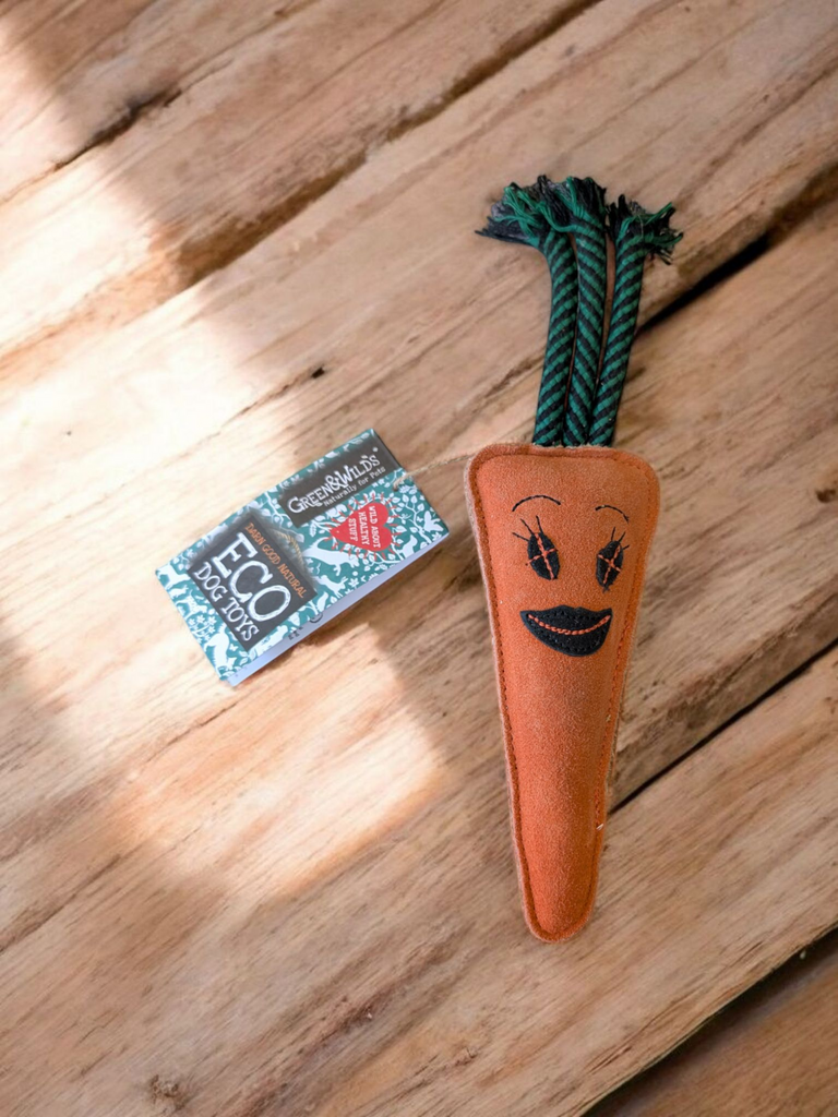 Green & Wild’s Candice the Carrot eco toy – fun, carrot-shaped dog toy made from sustainable jute and suede, eco-friendly and safe for chewing and interactive play. available in whitley bay