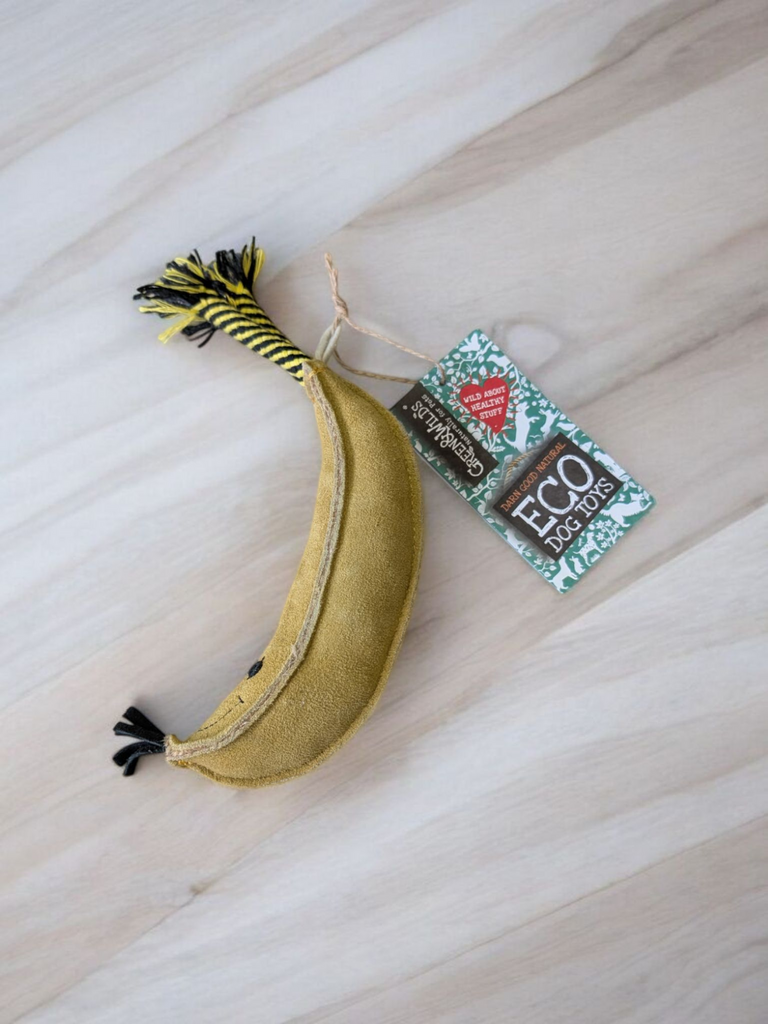 Green & Wild’s Barry the Banana eco dog toy – fun, banana-shaped toy made from sustainable jute and suede, eco-friendly, safe for chewing, and great for interactive play. available in whitley bay