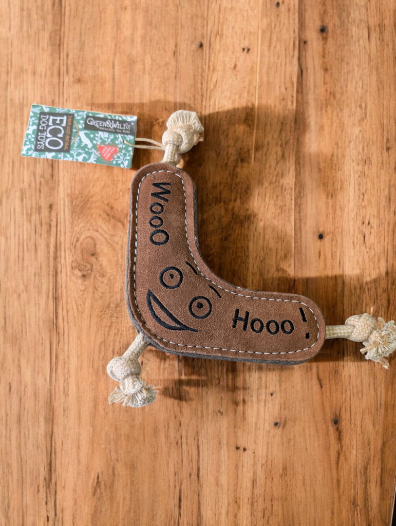 Green & Wild’s Benny the Boomerang – tough, eco-friendly dog toy in a boomerang shape, made from sustainable jute and suede for safe chewing and interactive play. available in whitley bay