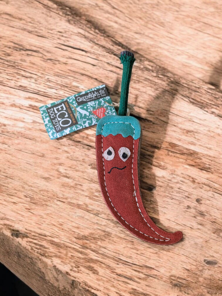 Green & Wild’s Chad the Red Hot Chilli Pepper eco dog toy – quirky, chilli pepper-shaped toy made from sustainable jute and suede, eco-friendly, durable, and safe for chewing and play. available in whitley bay