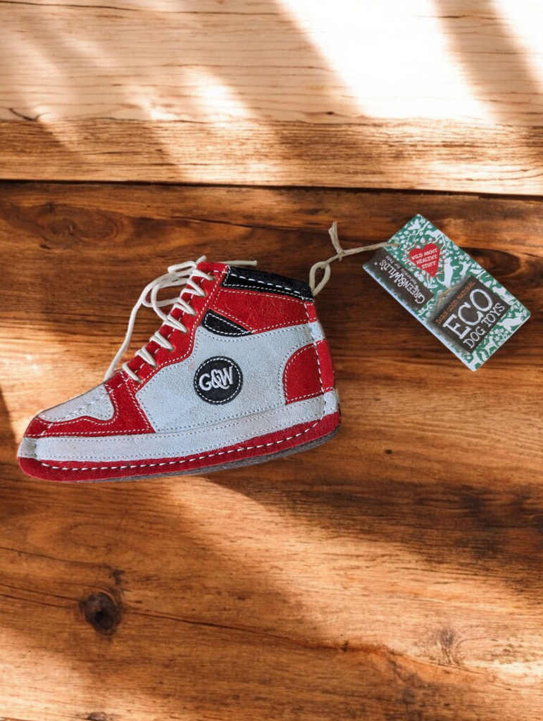 Green & Wild’s Gordon Hi-Top eco dog toy – durable, eco-friendly dog toy designed like a high-top shoe, made from sustainable jute and suede for safe chewing and playful fun. available in whitley bay