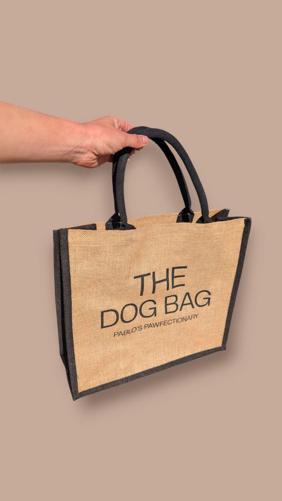 Pablos Pawfectionary dog jute bag, natural colour with black sides and handles, perfect for carrying your dog everyday essentials, or for your own shopping bag, available in Whitley Bay 