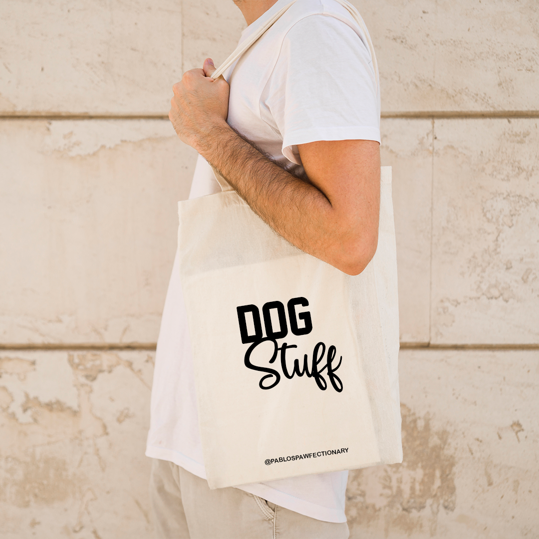 Man Wearing dog stuff organic white tote bag